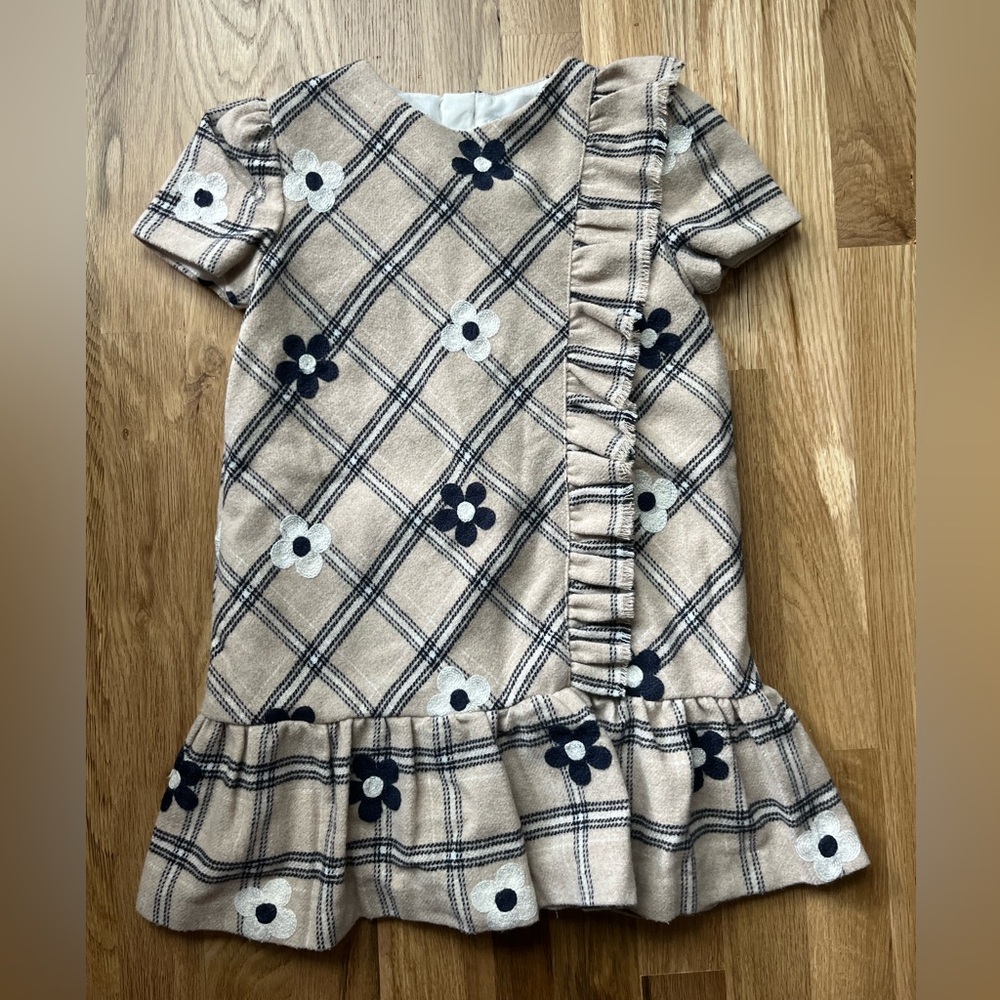 Mayoral Tan and Black Plaid Dress with Floral Accents (26% wool)